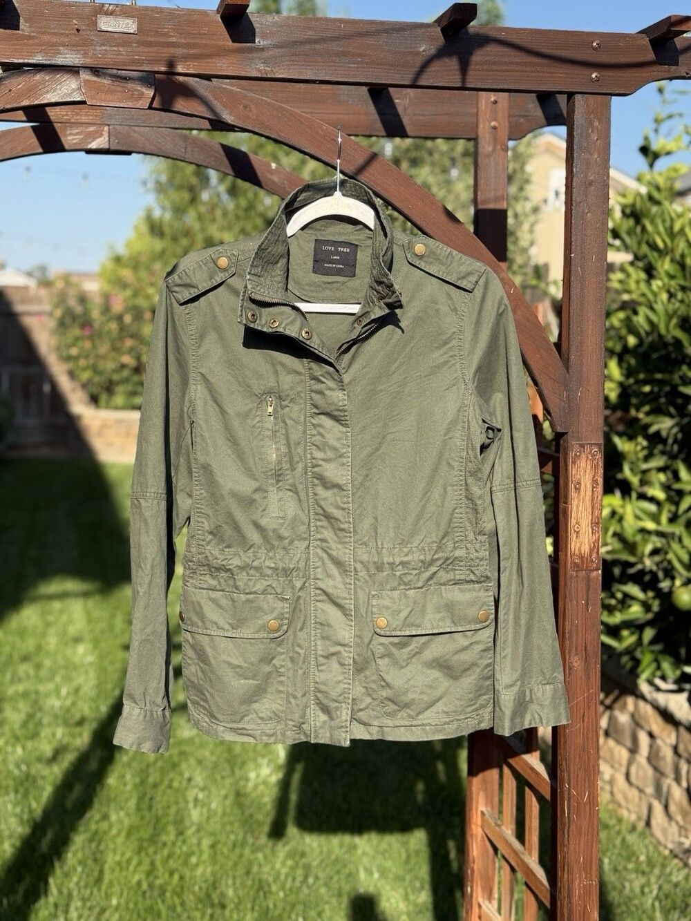Love Tree Utility Jacket Women’s Large Khaki Green Cotton Zip Military Cargo